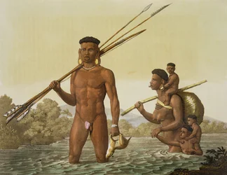 Família de Botocudos, Rio Grande, Brasil, de &39;Le Costume Ancien et Moderne&39;, Volume II, placa 37, por Jules Ferrario, publicado c.1820s-30s (ver também 84784)